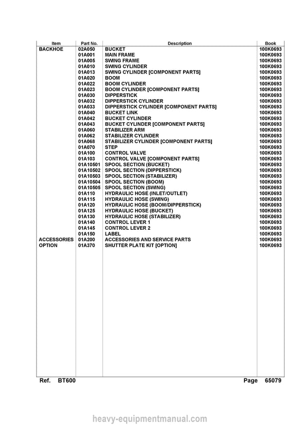 Kubota BT600 Backhoe Parts Manual PDF