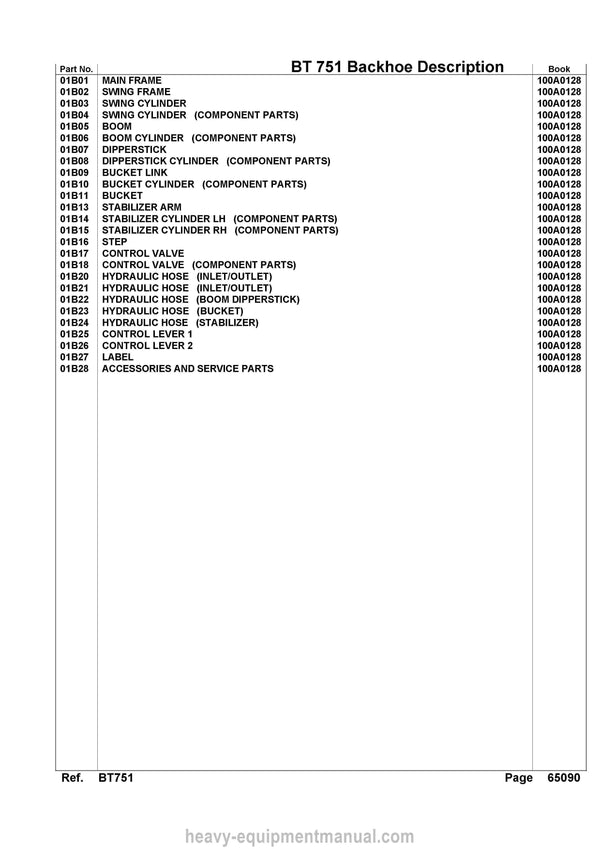 Kubota BT751 Backhoe Parts Manual PDF