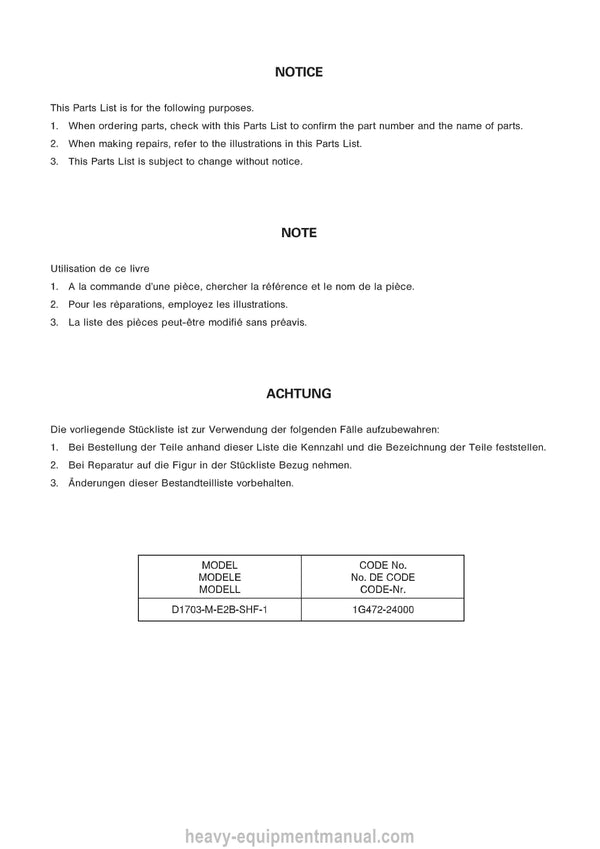Kubota D1703 Diesel Engine Illustrated Parts Manual PDF