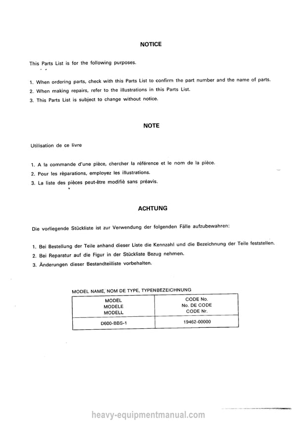 Kubota D600BBS-1 Diesel Engine Parts Manual PDF Download