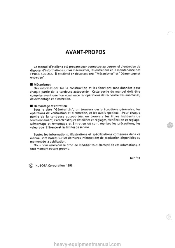 Kubota F1900 F1900E Mower Workshop Service Manual PDF