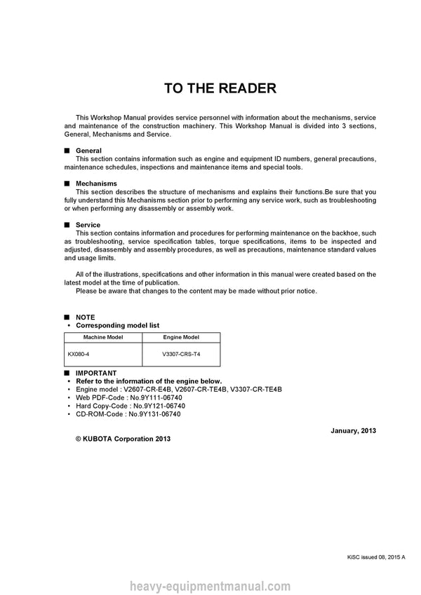 Kubota KX080-4 Excavator Workshop Service Manual (RY911-21601) PDF Download
