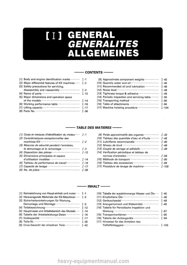 Kubota KX36 KX61 KX101 KX41 KX71 KX151 Excavator Workshop Service Manual (97899-60283) EN FR DE