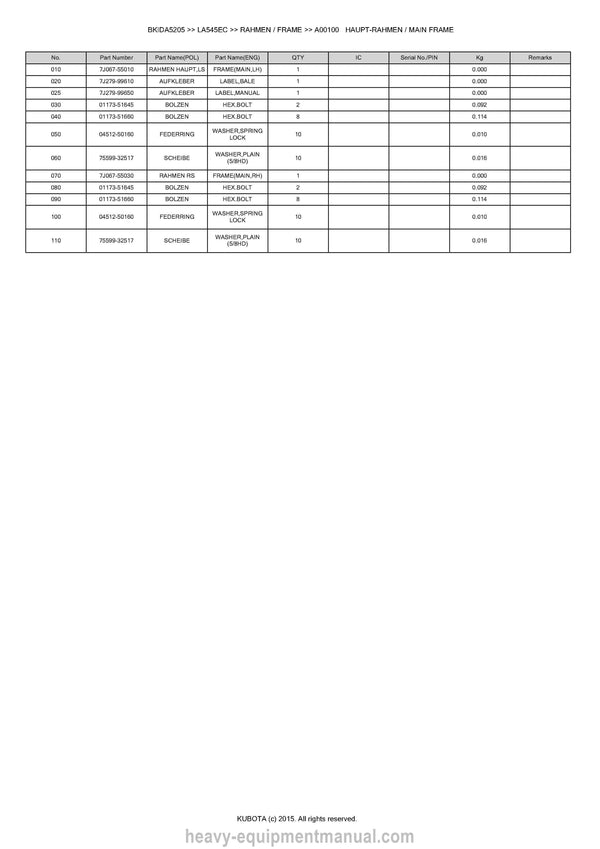Kubota LA545EC Front Loader Parts Manual PDF