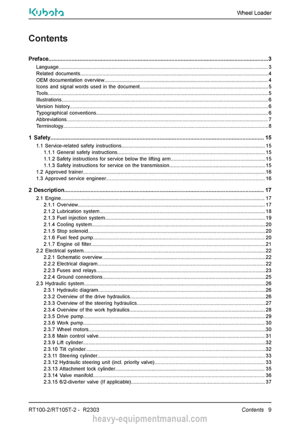 Kubota RT100-2 RT105T-2 Wheel Loader Service Manual (TOB-0087829) PDF