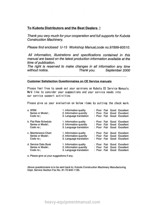 Kubota U-15 Excavator Workshop Service Manual (97899-60510) PDF Download