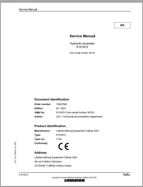 Liebherr Mining Crawler Excavator R9150E Type_1134 Service Manual