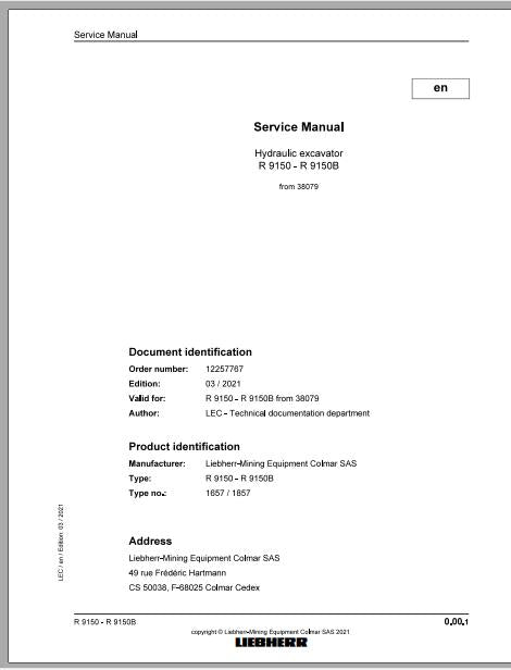Liebherr Mining Crawler Excavator R9150 R9150B Type (1657-1857) Service Manual