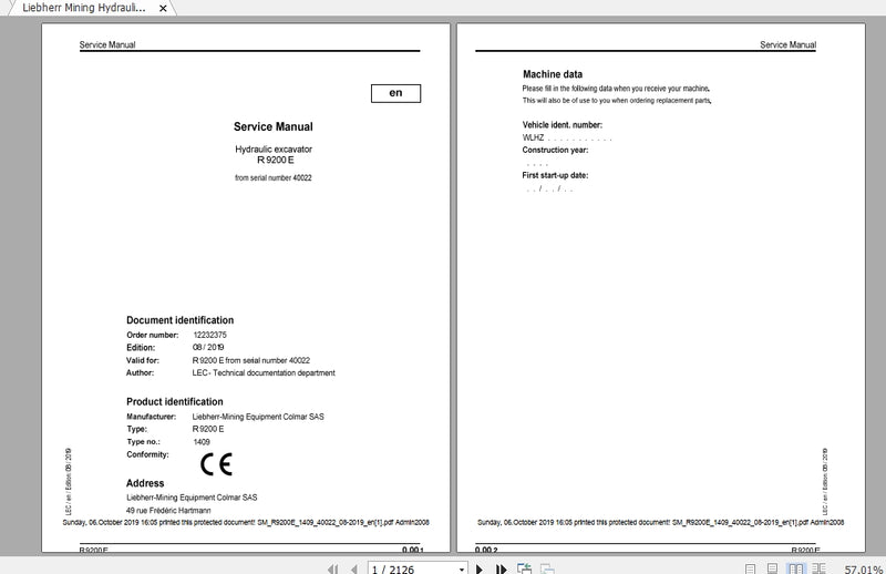 Liebherr Mining Crawler Excavator R9200E Type_1409 Service Manual