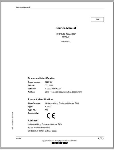 Liebherr Mining Crawler Excavator R9200_410_40001 Service Manual