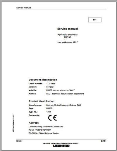 Liebherr Mining Crawler Excavator R9350 1369 30617 Service Manual