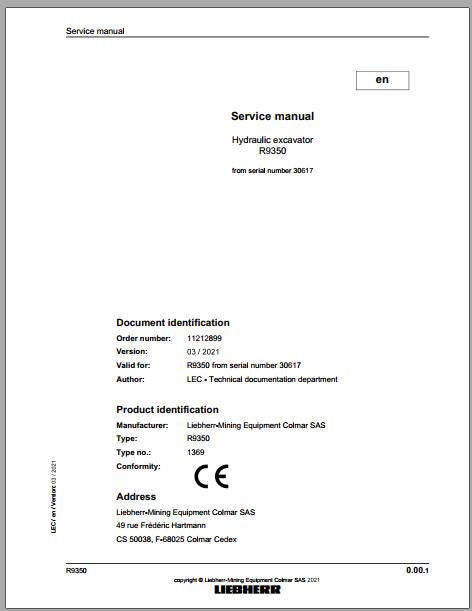 Liebherr Mining Crawler Excavator R9350 Type_1369 Service Manual