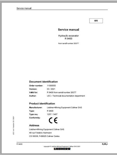 Liebherr Mining Crawler Excavator R9400 1257-1407 26377 Service Manual