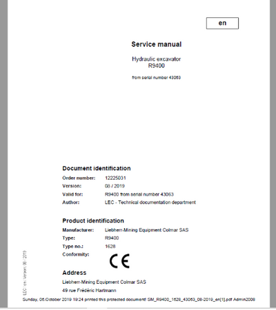 Liebherr Mining Crawler Excavator R9400 1628 43063 Service Manual