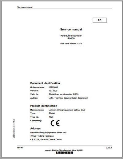 Liebherr Mining Crawler Excavator R9400E 1277 30619 Service Manual