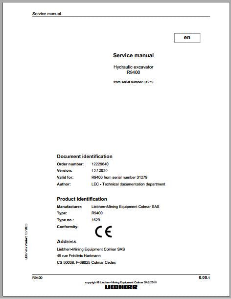 Liebherr Mining Crawler Excavator R9400E Type_1277 Service Manual