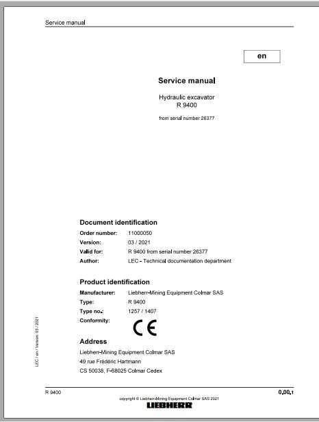 Liebherr Mining Crawler Excavator R9400 Type_1629 Service Manual