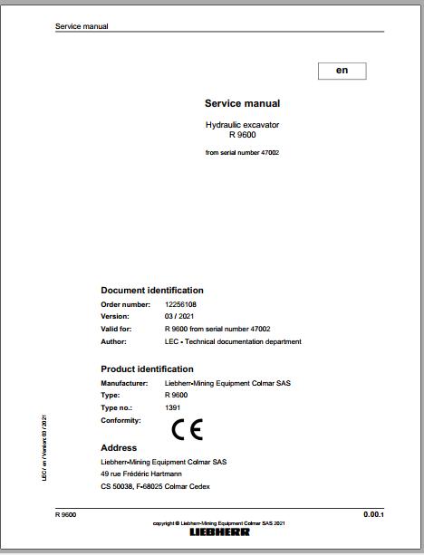 Liebherr Mining Crawler Excavator R9600 Type_1391 Service Manual