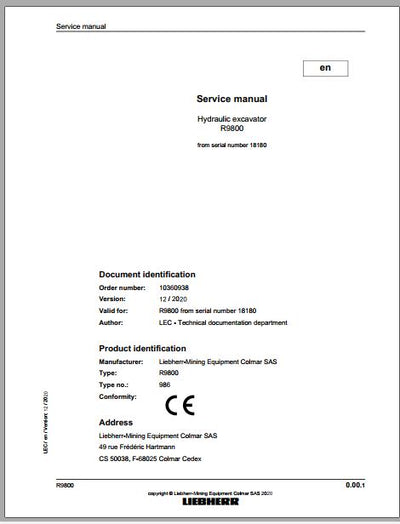 Liebherr Mining Crawler Excavator R9800 1282 18181 Service Manual