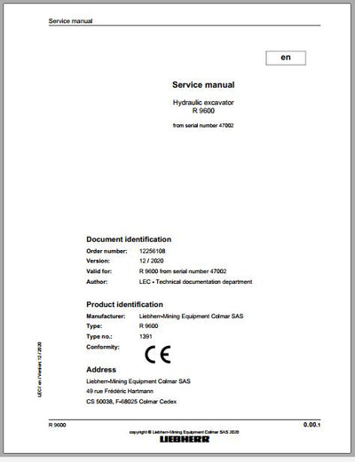 Liebherr Mining Crawler Excavator R9800 986 18180 Service Manual