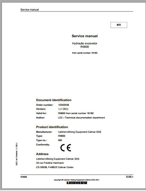Liebherr Mining Crawler Excavator R9800 Type_1282 Service Manual