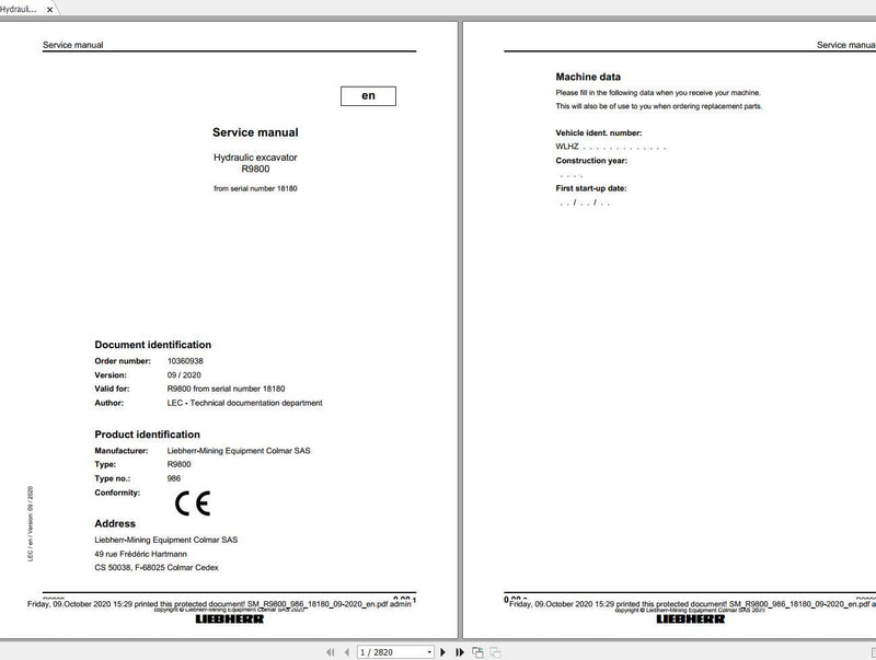 Liebherr Mining Crawler Excavator R9800 Type_986 Service Manual