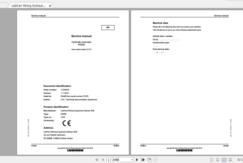 Liebherr Mining Crawler Excavator R9400 1629 31279 Service Manual