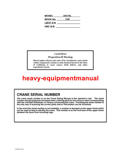 Link Belt 238 HSL Crane Full Complete Service Manual