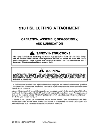 Link Belt 218HSL Luffer Crane Operator Manual