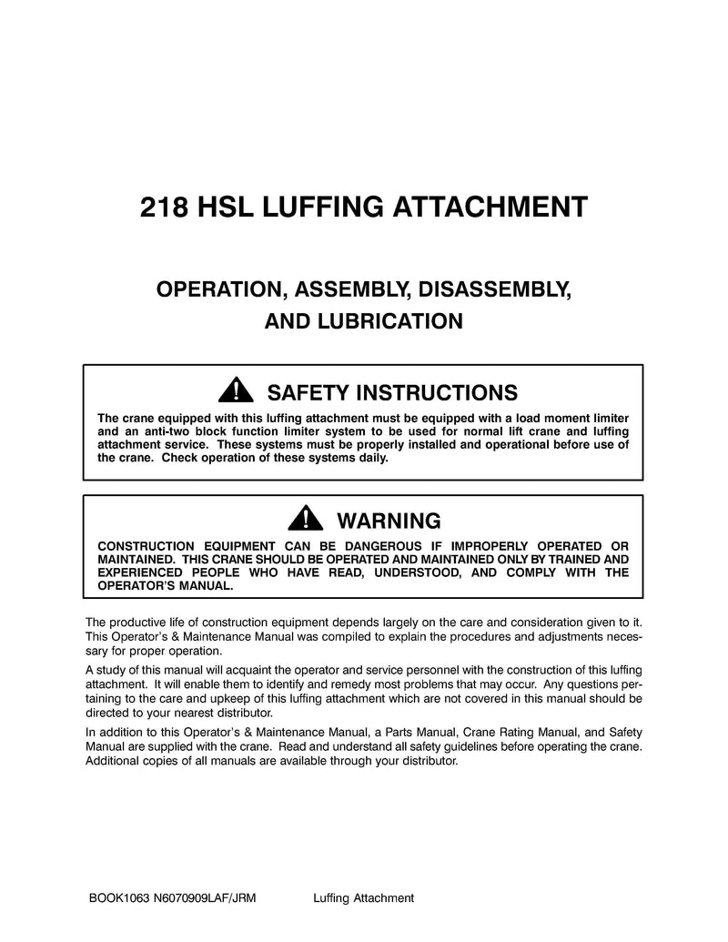 Link Belt 218HSL Luffer Crane Operator Manual