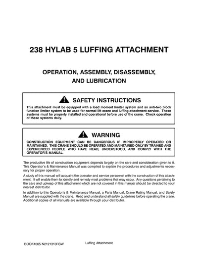 Link Belt 238 HYLAB 5 Luffer Crane Operator Manual