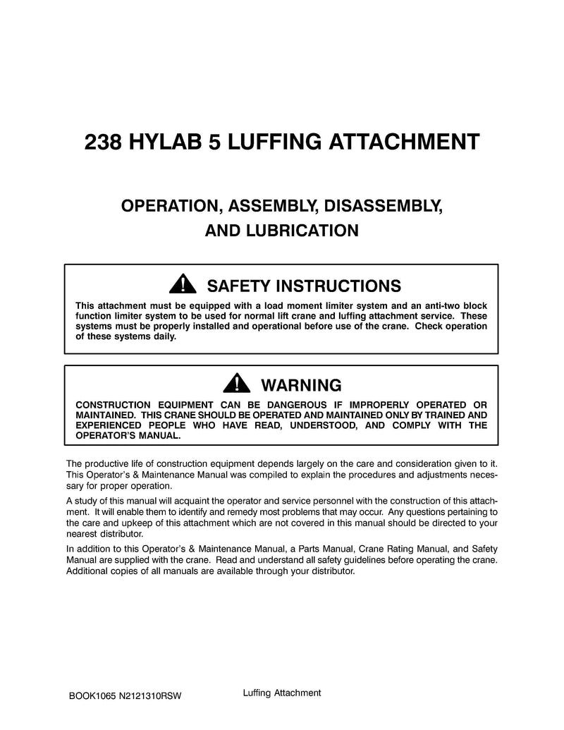 Link Belt 238 HYLAB 5 Luffer Crane Operator Manual