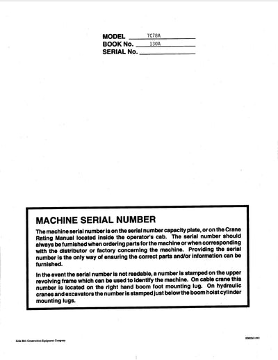 Link Belt TC-78A Crane Operator Manual