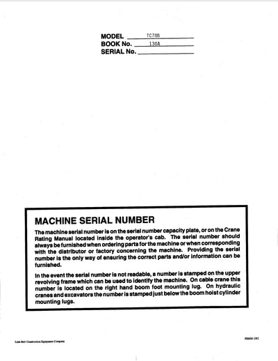 Link Belt TC-78B Crane Operator Manual