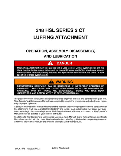 Link Belt 348 Series 2 Luffer Crane Operator Manual