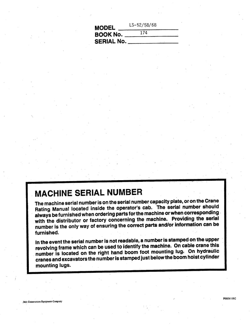 Link Belt LS-52, 58, 68 Crane Operator Manual