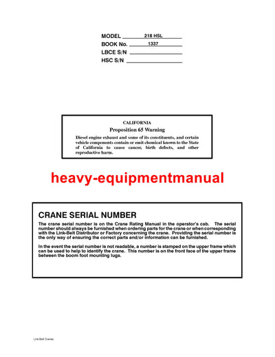 Link Belt 218 HSL Crane Full Complete Service Manual