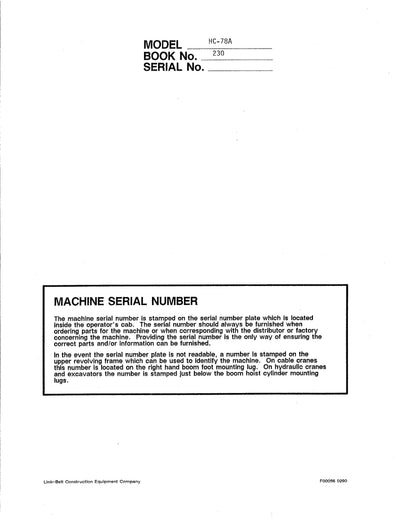 Link Belt HC-78A Crane Operator Manual