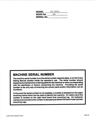 Link Belt HC-138 Crane Operator Manual