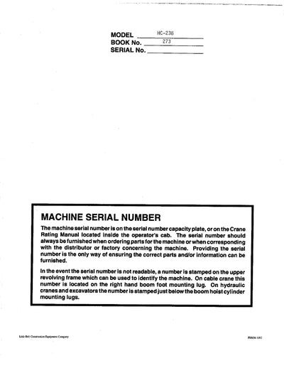 Link Belt HC-238 Crane Operator Manual