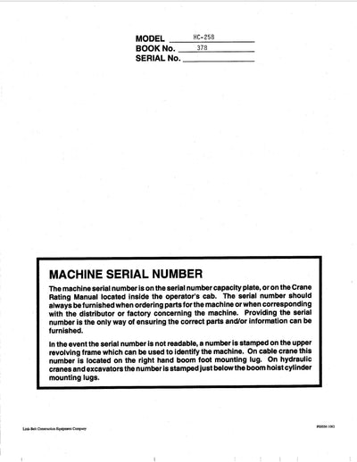 Link Belt HC-258 Crane Operator Manual