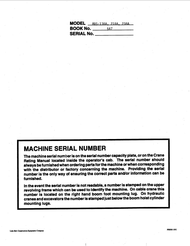 Link Belt ABS-218A Crane Operator Manual