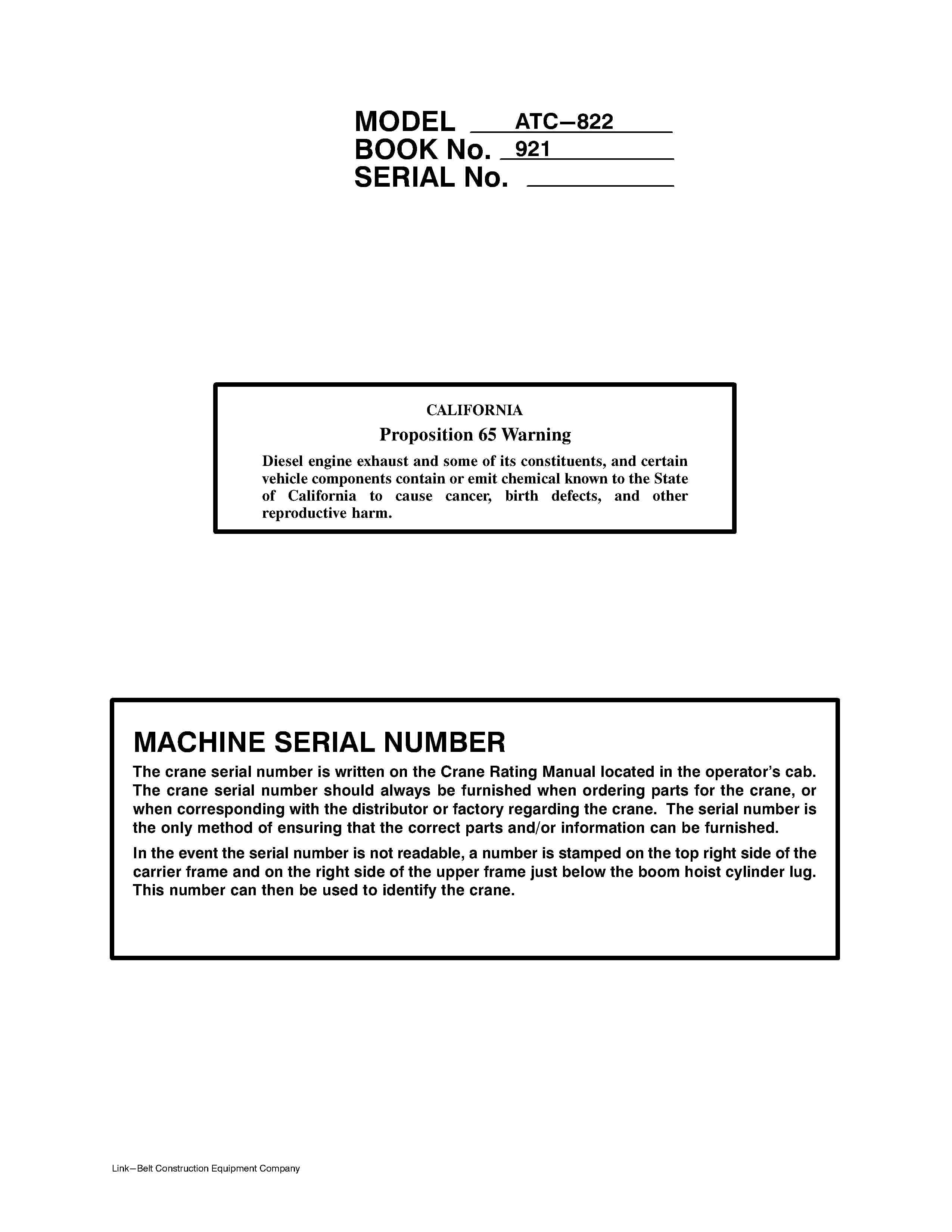 Link Operator Link Belt ATC-822 Crane Operator Manual – Heavy Equipment Manual