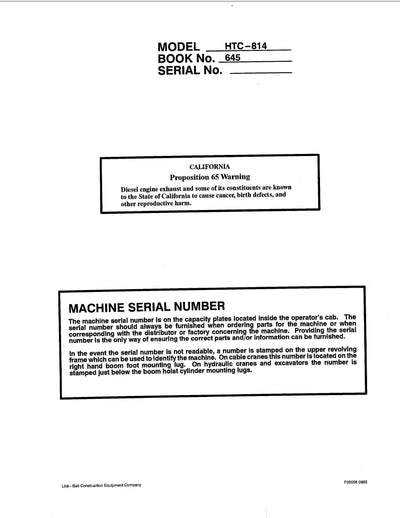Link Belt HTC-820 Crane Operator Manual