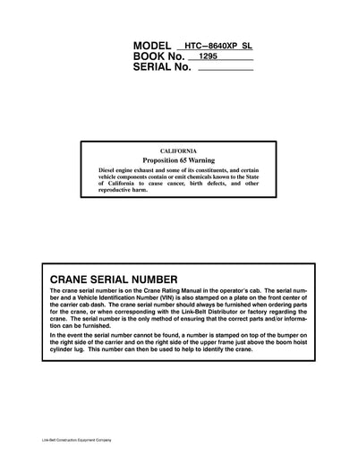 Link Belt HTC-8640XP SL Crane Operator Manual