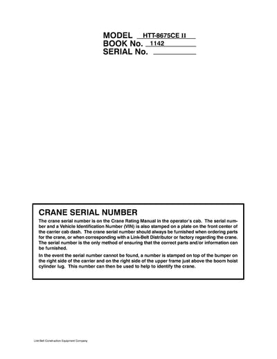 Link Belt HTT-8675CE II Crane Operator Manual