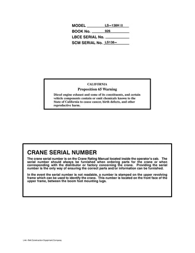 Link Belt LS-138H II Crane Operator Manual