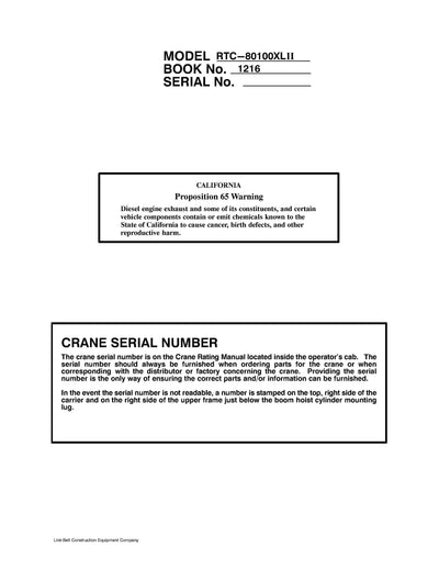 Link Belt RTC-80100 II Crane Operator Manual
