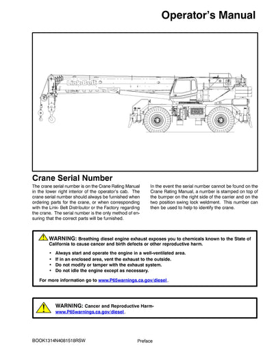 Link Belt RTC-8090 II Crane Operator Manual