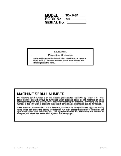 Link Belt TC-108D Crane Operator Manual
